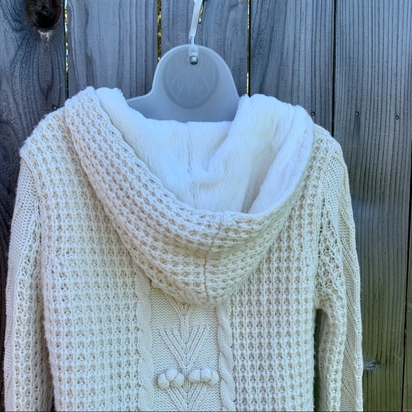 MM COUTURE Cream Cable Knit Faux Fur Lined Hooded sweater Cardigan Jacket - Picture 7 of 13